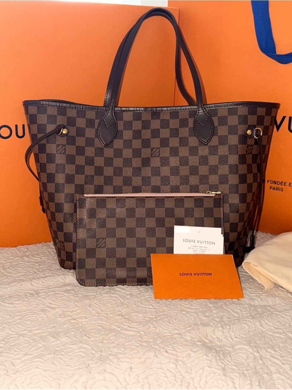 Louis Vuitton Never Full MM Damier Ebene Tote with Matching Pouch pink inside